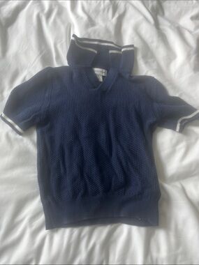 Nordstrom Navy Short-Sleeve V-Neck Knit Top with White Trim